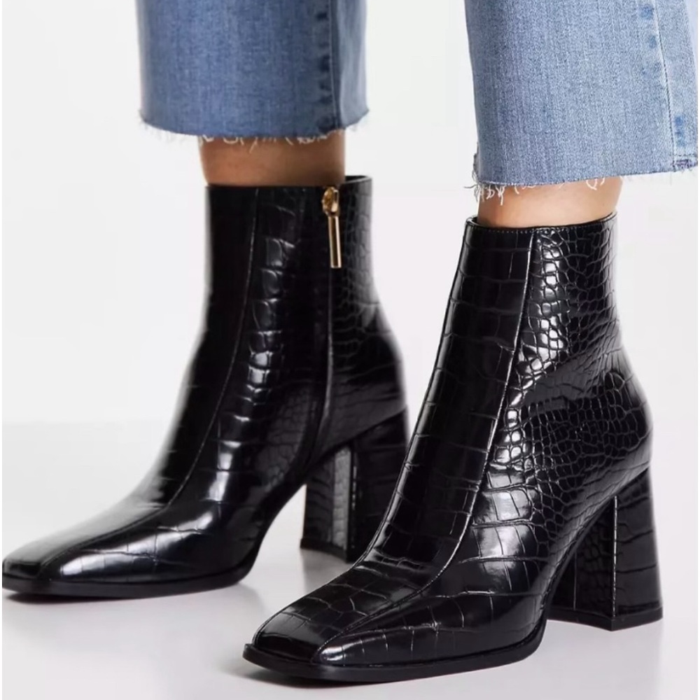 Miss Selfridge buzz black croc zip boots